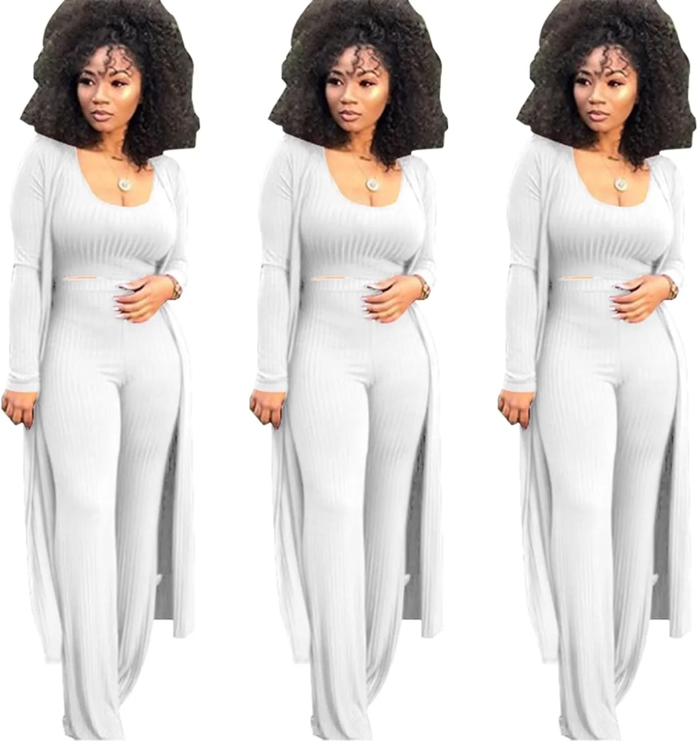 ThusFar Women 3 Piece Outfits Ottoman Rib Open Front Cardigan Cover Up Crop Tank Tops Wide Leg Palazzo Pant Set Jumpsuit