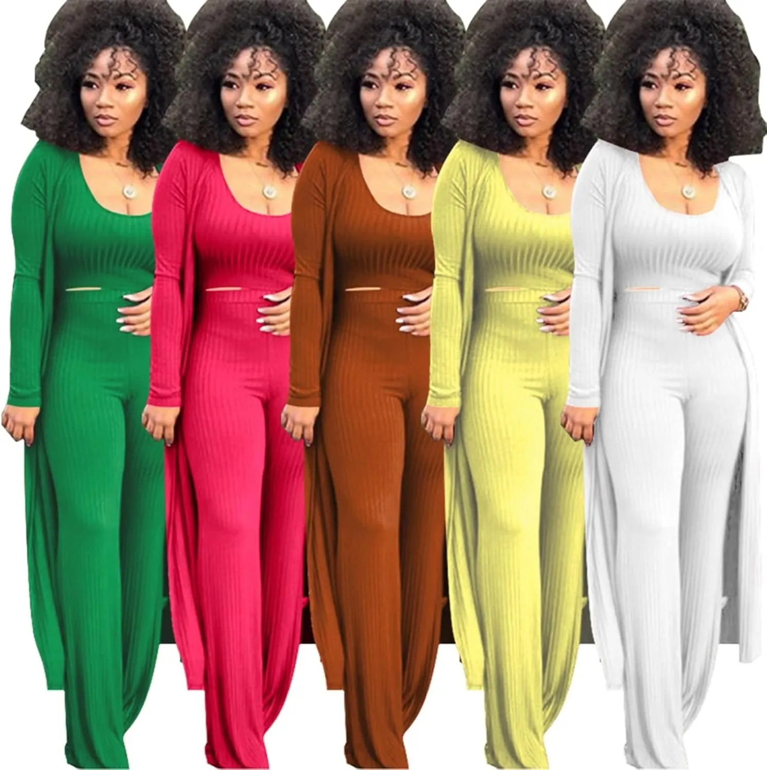 ThusFar Women 3 Piece Outfits Ottoman Rib Open Front Cardigan Cover Up Crop Tank Tops Wide Leg Palazzo Pant Set Jumpsuit