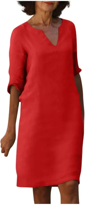 TIAFORD Women Casual Cotton Linen Midi Dress Summer V Neck Half Sleeve Beach Flowy Loose Solid Tunic Dress 2025