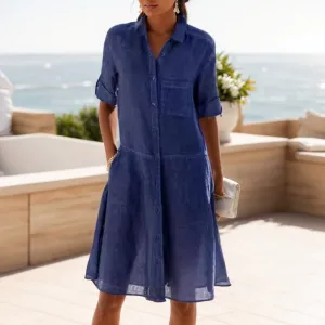 TIAFORD Women Casual Loose Short Sleeve Button Down Midi Dress Summer Cotton Linen Lapel Beach Flowy Shift Tunic Shirt Dress