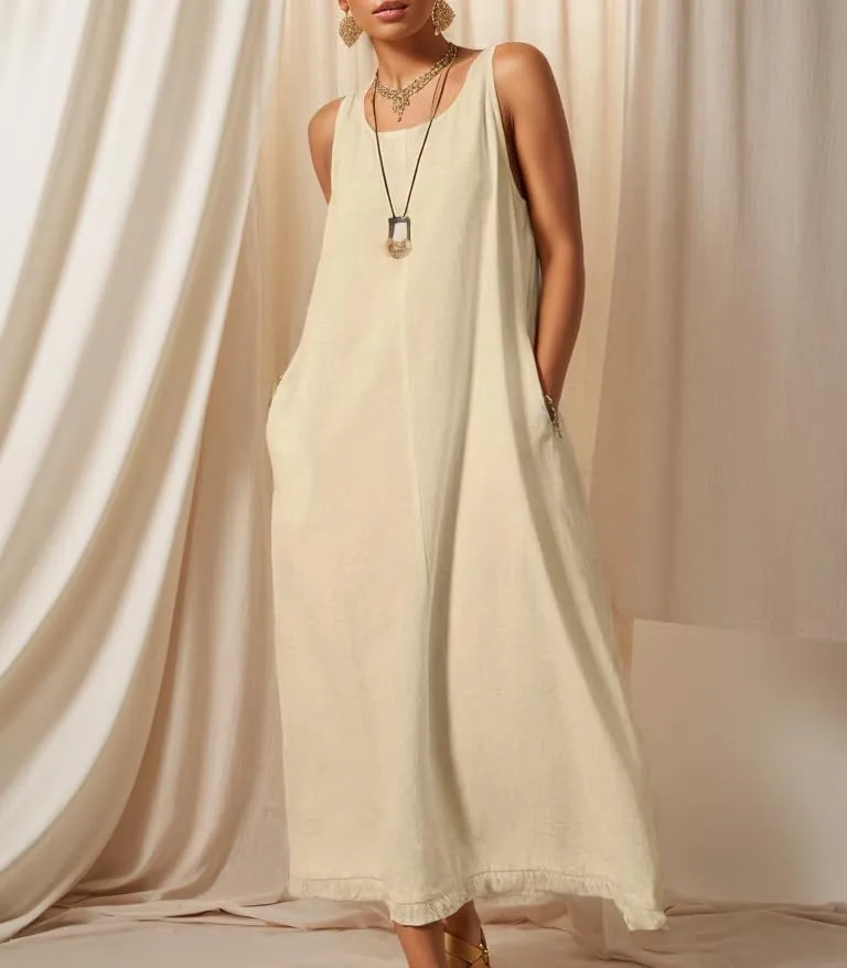 TIAFORD Women Casual Sleeveless Linen Shift Maxi Dress Summer Crewneck Oversized Loose Flowy Beach Tank Sun Dress with Pocket