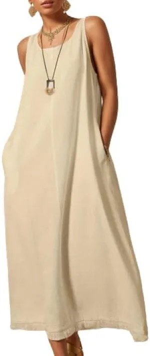 TIAFORD Women Casual Sleeveless Linen Shift Maxi Dress Summer Crewneck Oversized Loose Flowy Beach Tank Sun Dress with Pocket