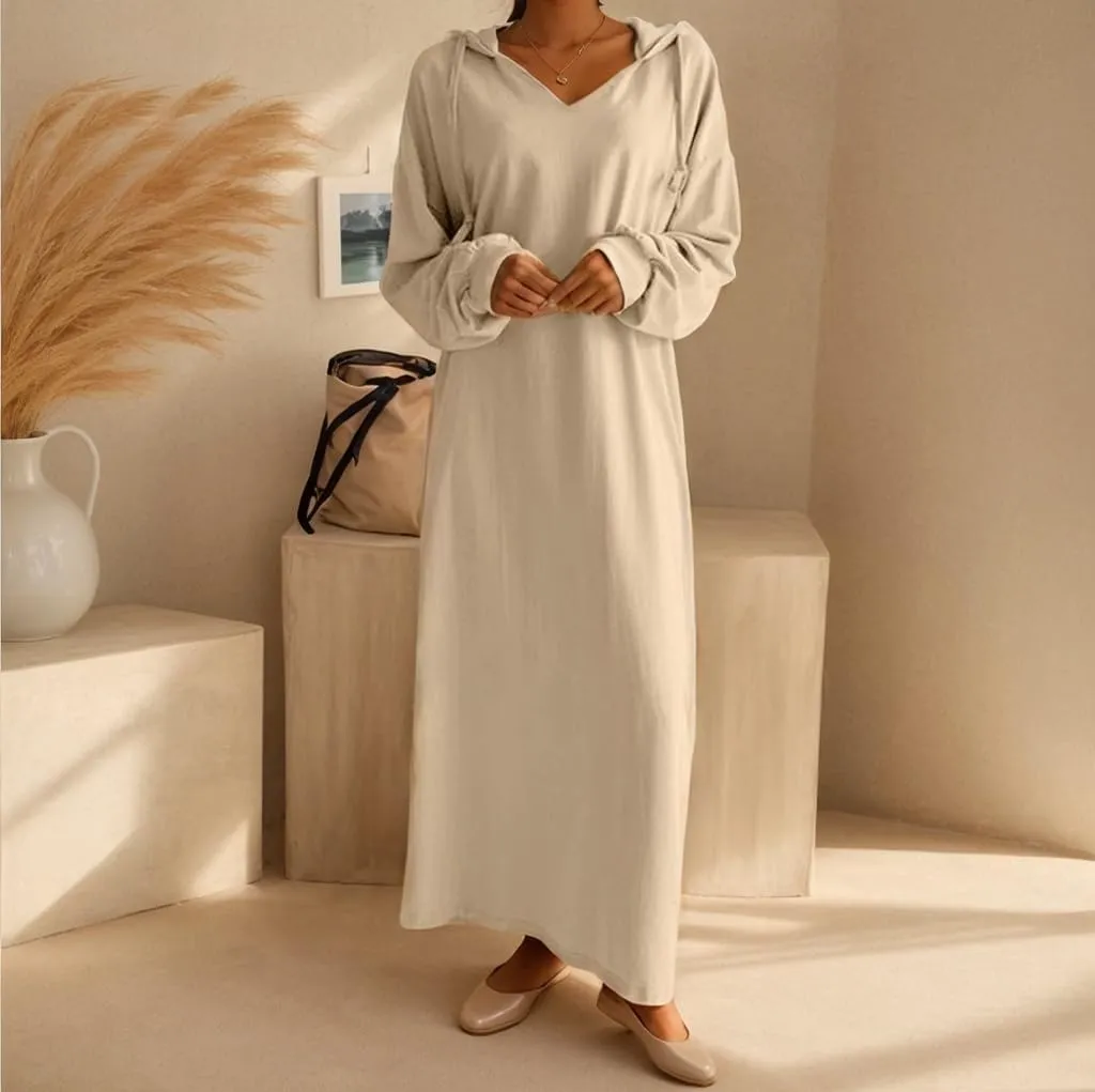 TIAFORD Women Fall Winter Maxi Dress Casual Long Sleeve V Neck Hoodie Pullover Oversized Shift Sweatshirt Dress with Pocket
