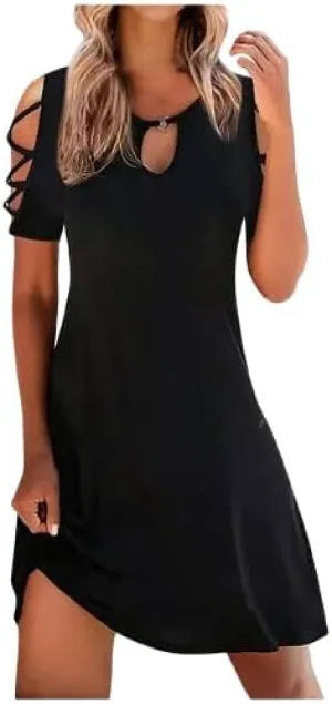 TIAFORD Women Summer Boho Midi Dress Floral Print Cold Shoulder Short Sleeve Crewneck Casual Flowy Beach Vacation Sun Dress