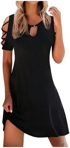 TIAFORD Women Summer Boho Midi Dress Floral Print Cold Shoulder Short Sleeve Crewneck Casual Flowy Beach Vacation Sun Dress