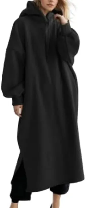 TIAFORD Women Winter Hoodie Maxi Dress Casual Long Sleeve Pullover Fall Oversized Shift Slit Sweatshirt Dress with Pocket