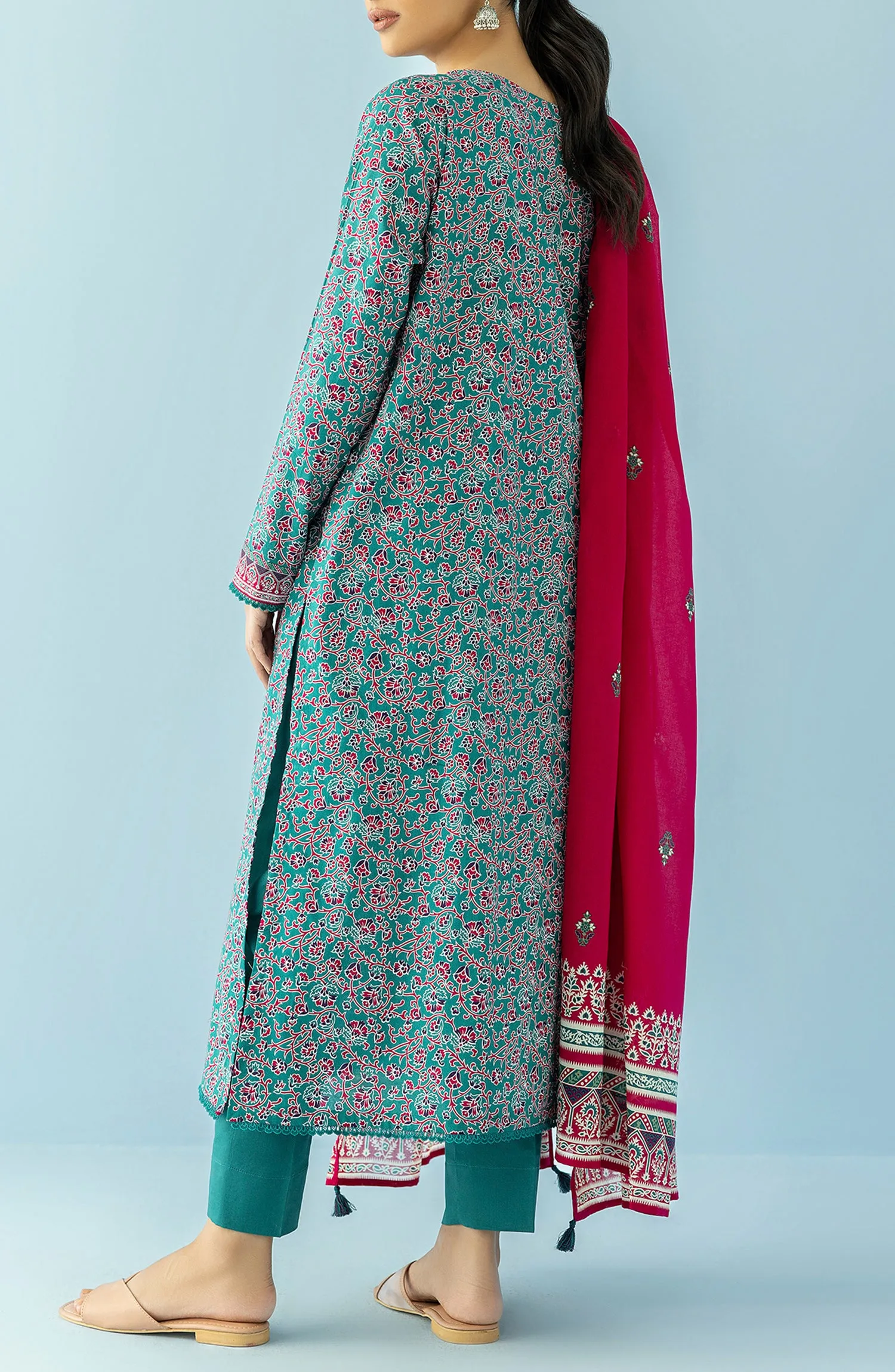 Unstitched 3 Piece Printed Lawn Shirt , Cambric Pant and Lawn Dupatta (OTL-24-012/U TEAL)