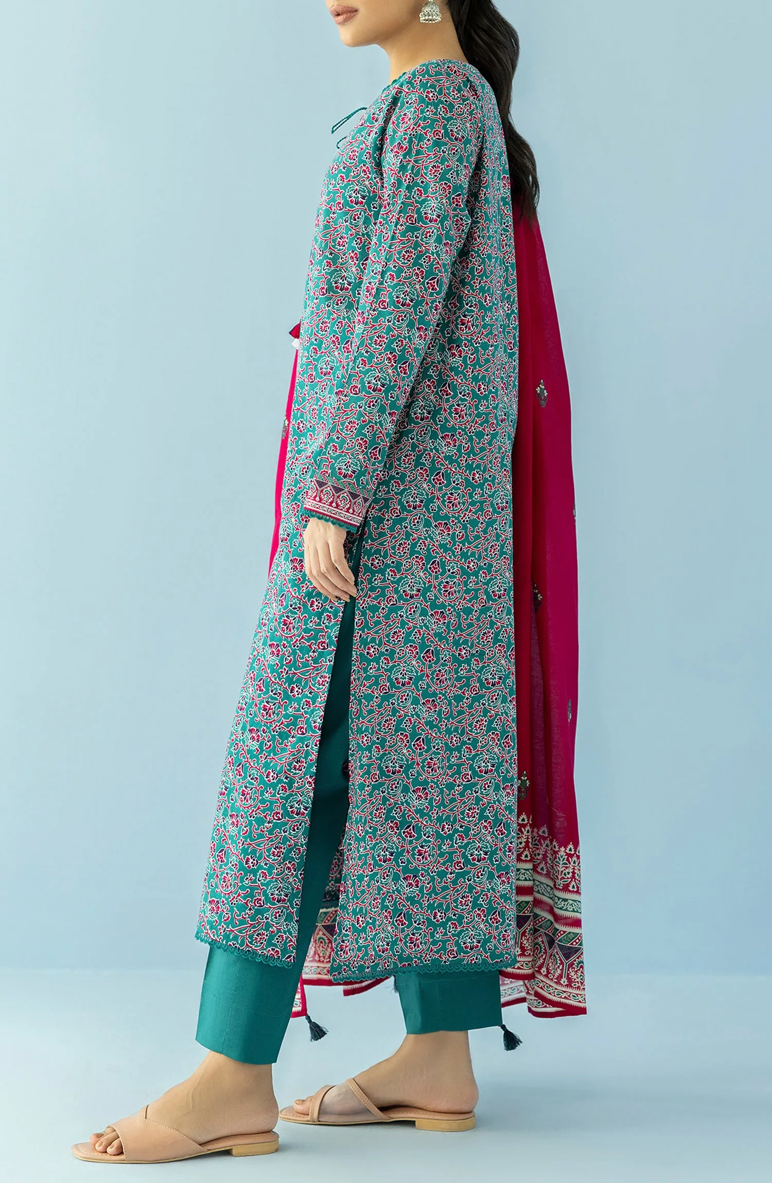 Unstitched 3 Piece Printed Lawn Shirt , Cambric Pant and Lawn Dupatta (OTL-24-012/U TEAL)