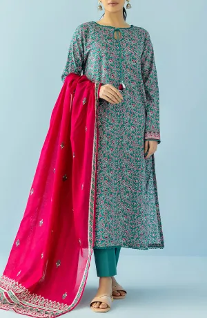 Unstitched 3 Piece Printed Lawn Shirt , Cambric Pant and Lawn Dupatta (OTL-24-012/U TEAL)