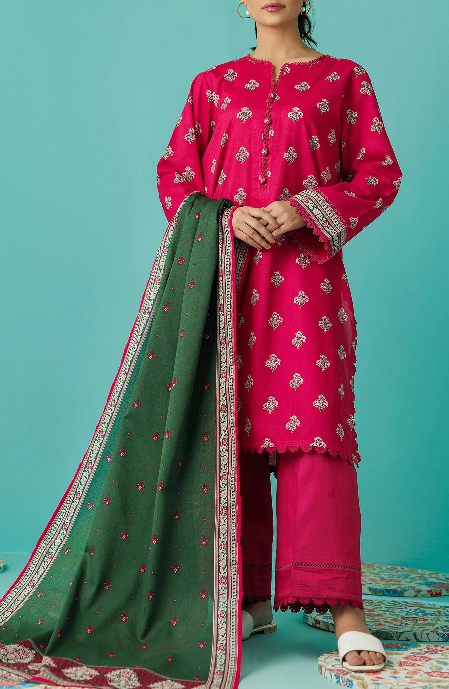 Unstitched 3 Piece Printed Lawn Shirt , Cambric Pant and Lawn Dupatta (OTL-24-014/U PINK)