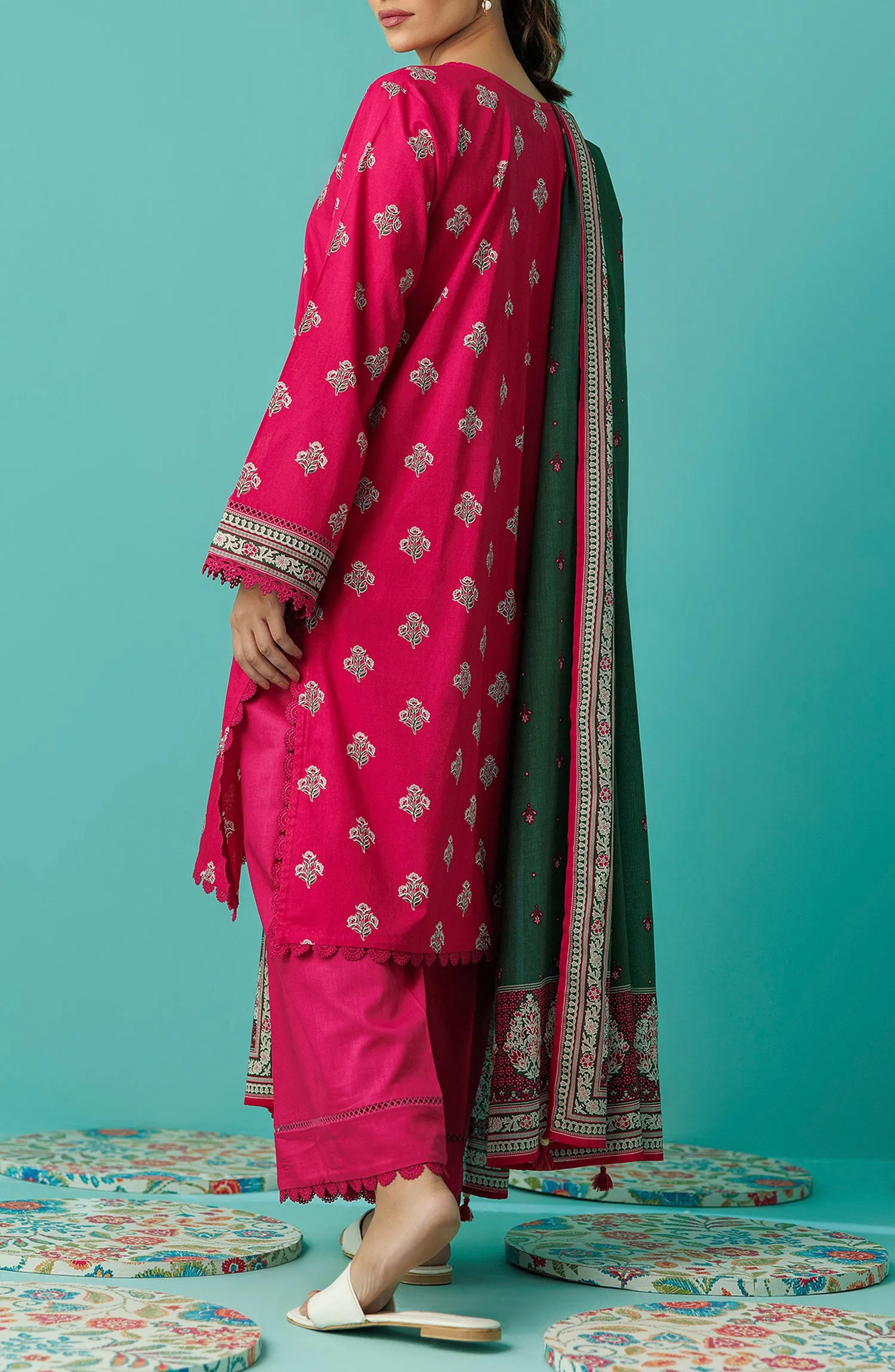 Unstitched 3 Piece Printed Lawn Shirt , Cambric Pant and Lawn Dupatta (OTL-24-014/U PINK)