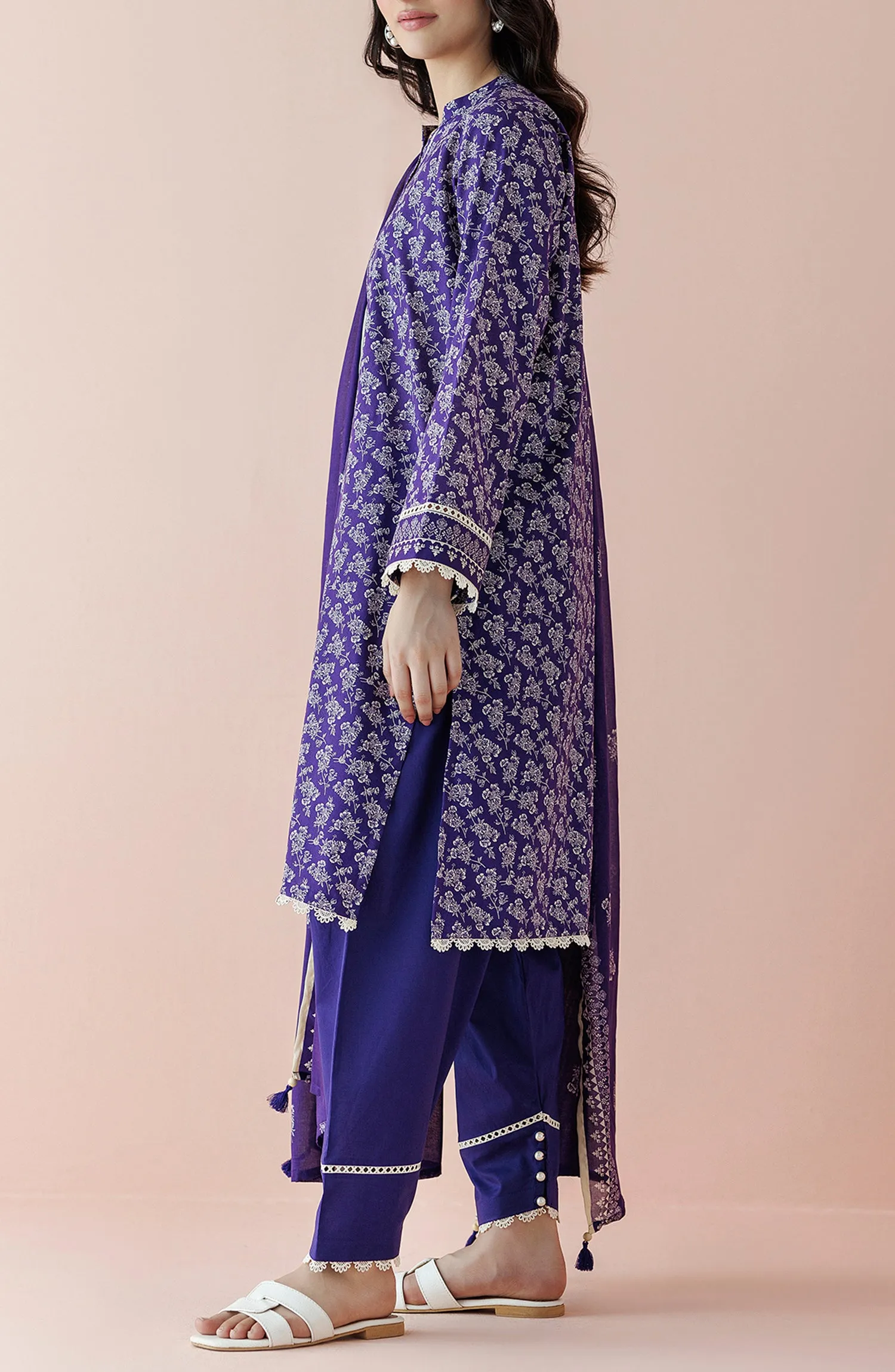 Unstitched 3 Piece Printed Lawn Shirt , Cambric Pant and Lawn Dupatta (OTL-24-134/U PURPLE)