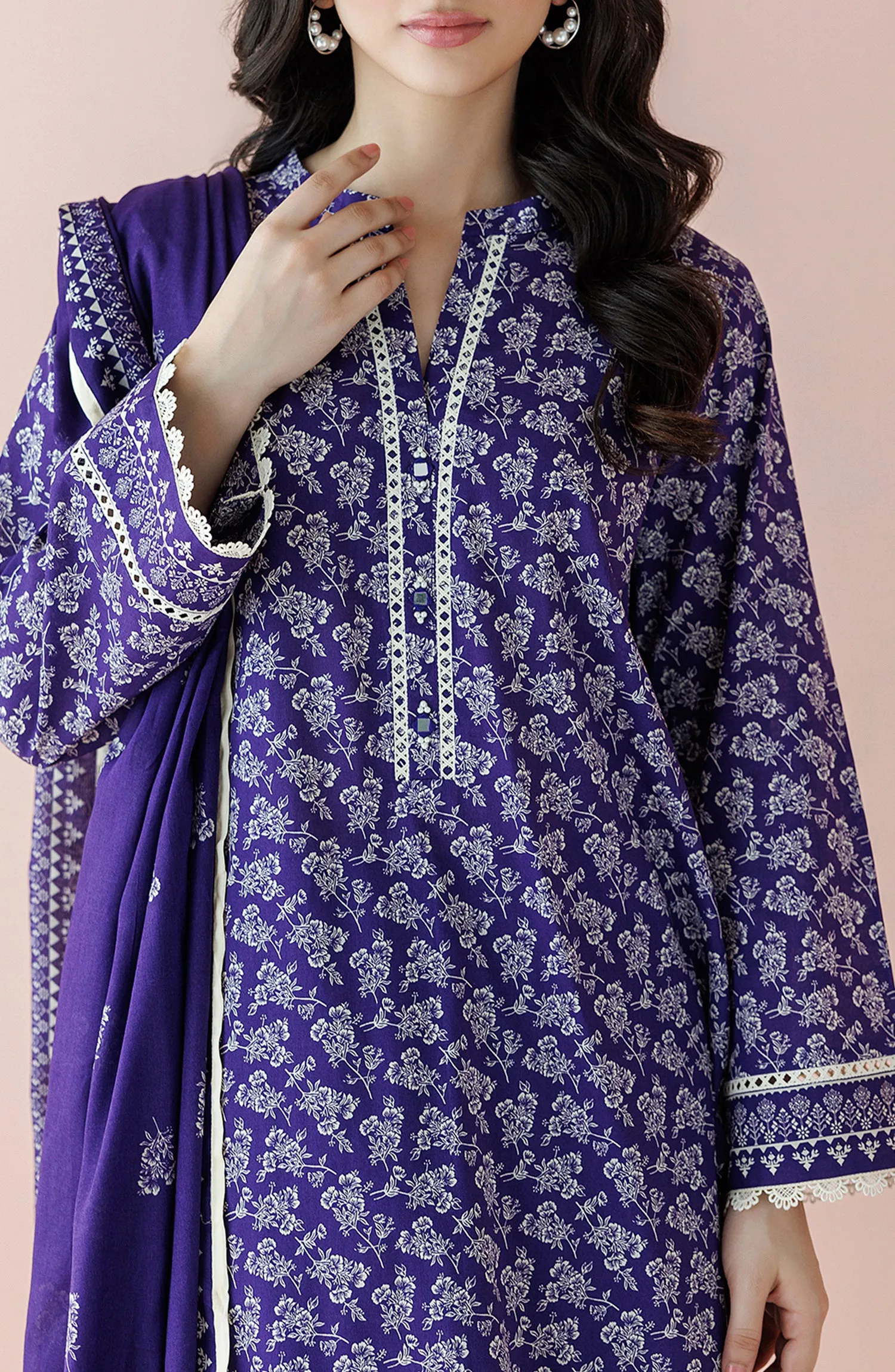 Unstitched 3 Piece Printed Lawn Shirt , Cambric Pant and Lawn Dupatta (OTL-24-134/U PURPLE)