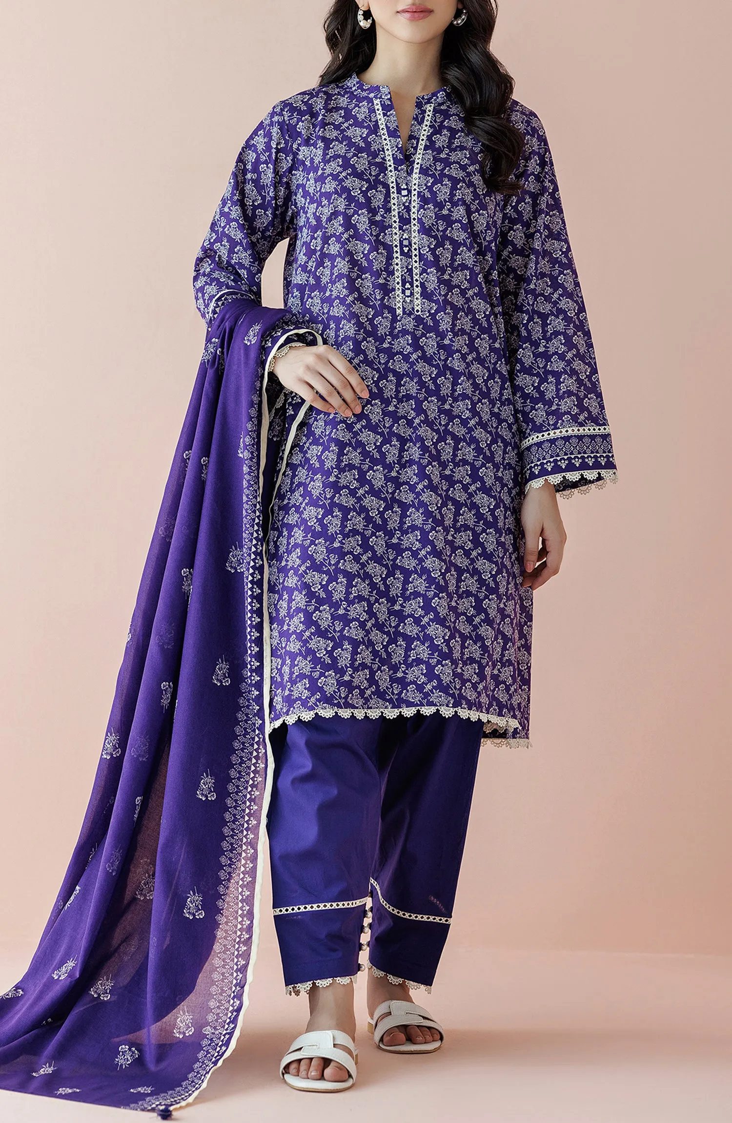 Unstitched 3 Piece Printed Lawn Shirt , Cambric Pant and Lawn Dupatta (OTL-24-134/U PURPLE)