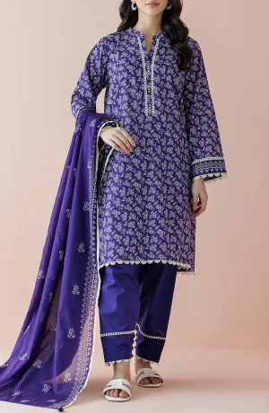Unstitched 3 Piece Printed Lawn Shirt , Cambric Pant and Lawn Dupatta (OTL-24-134/U PURPLE)