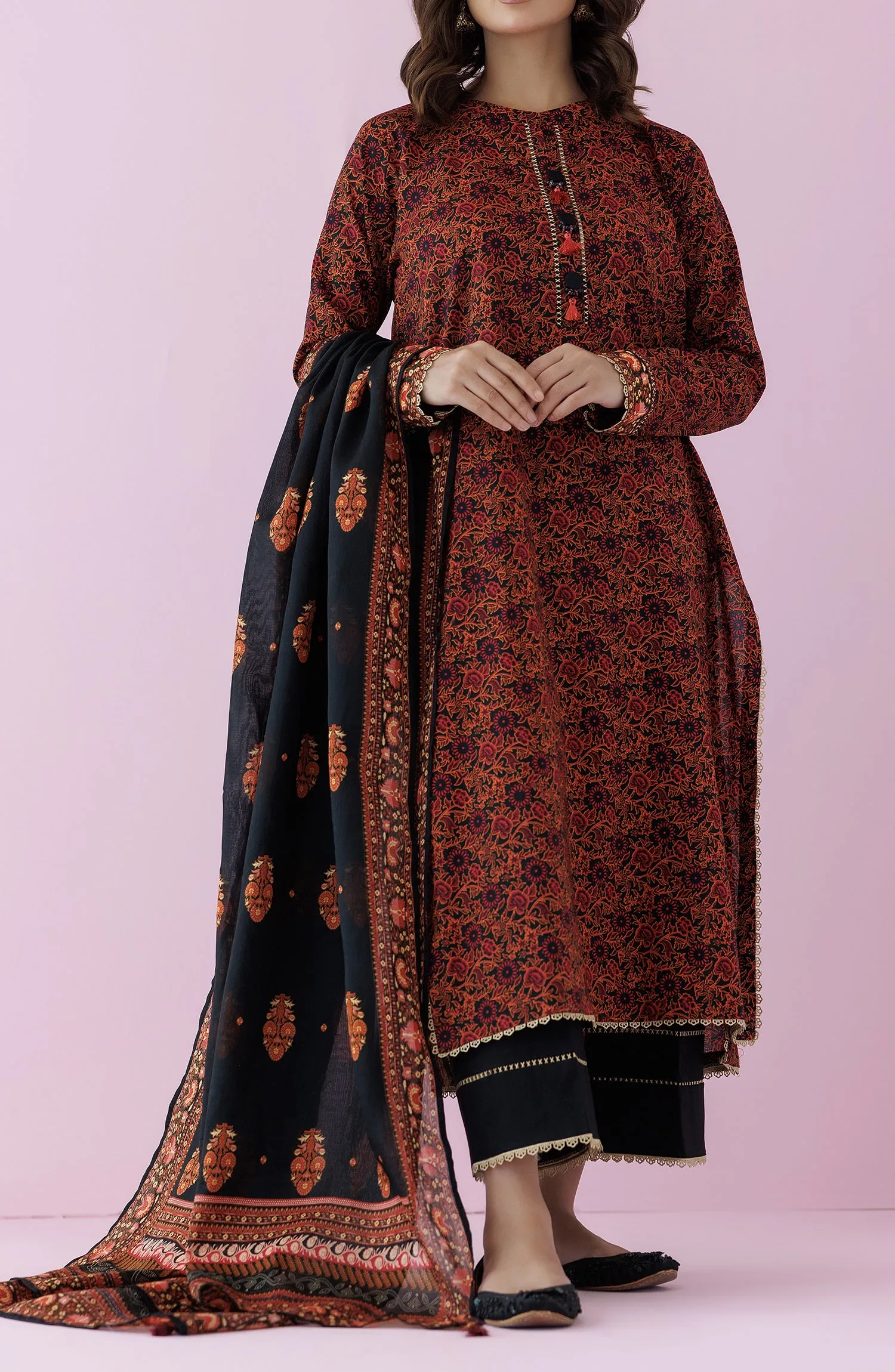 Unstitched 3 Piece Printed Lawn Shirt , Cambric Pant and Lawn Dupatta (OTL-24-146/U BLACK)