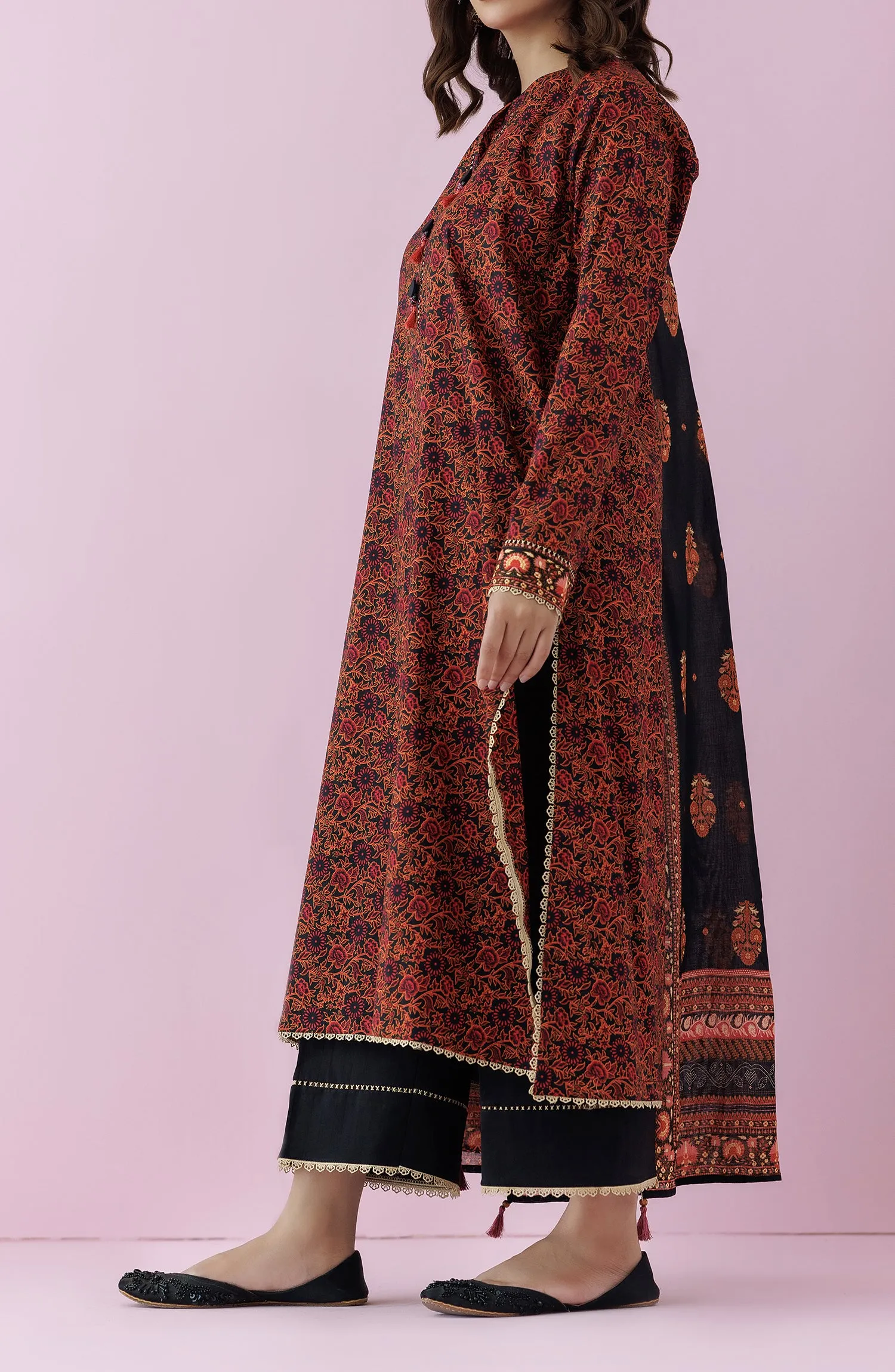 Unstitched 3 Piece Printed Lawn Shirt , Cambric Pant and Lawn Dupatta (OTL-24-146/U BLACK)