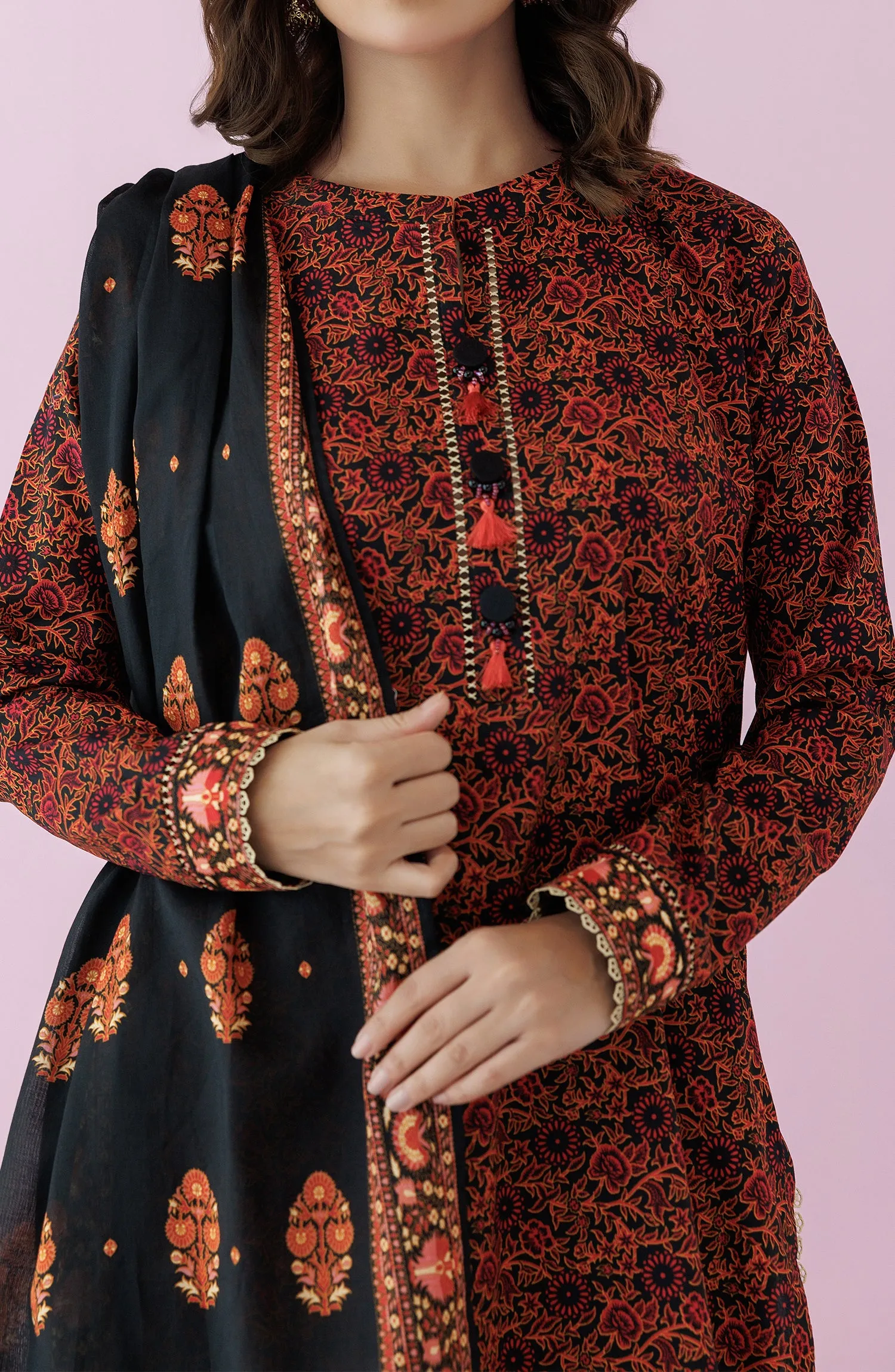 Unstitched 3 Piece Printed Lawn Shirt , Cambric Pant and Lawn Dupatta (OTL-24-146/U BLACK)