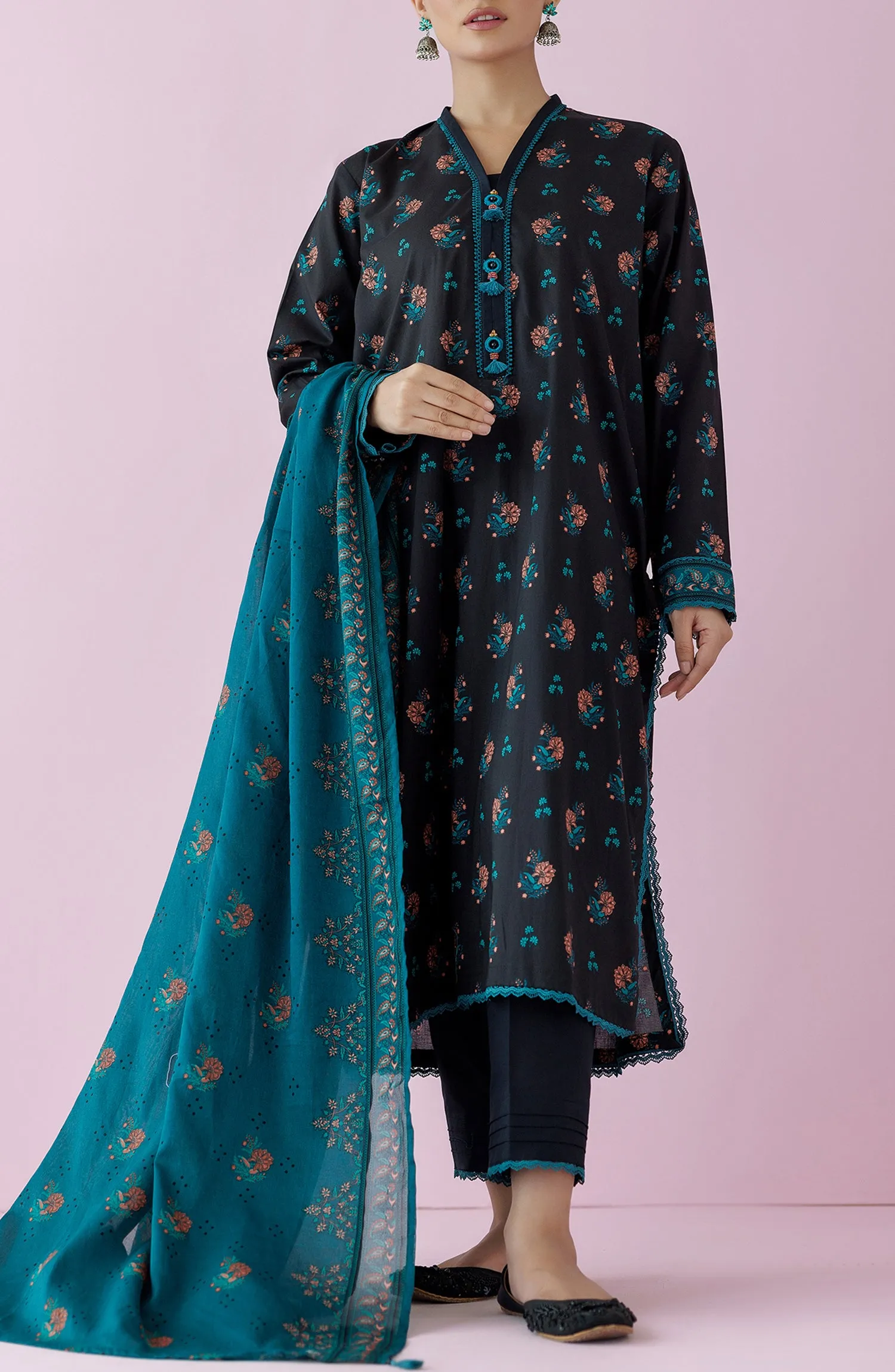 Unstitched 3 Piece Printed Lawn Shirt , Cambric Pant and Lawn Dupatta (OTL-24-157/U BLACK)
