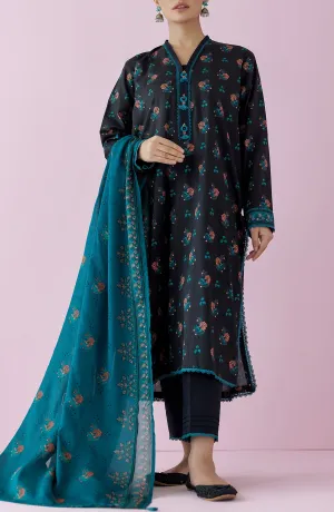 Unstitched 3 Piece Printed Lawn Shirt , Cambric Pant and Lawn Dupatta (OTL-24-157/U BLACK)