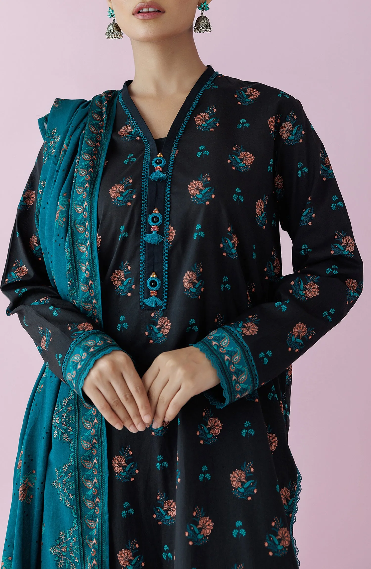 Unstitched 3 Piece Printed Lawn Shirt , Cambric Pant and Lawn Dupatta (OTL-24-157/U BLACK)
