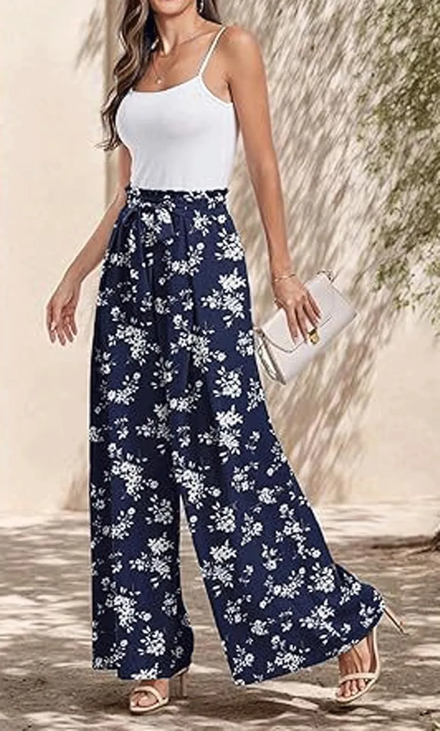 utcoco Printed Pants for Women Work Casual Loose Trousers High Waist Adjustable Knot Wide Leg Pants with Pockets