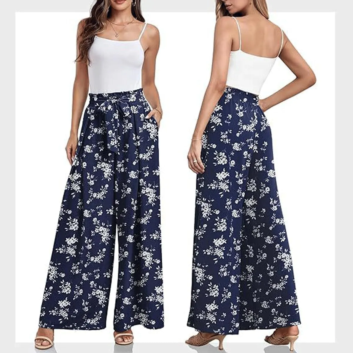 utcoco Printed Pants for Women Work Casual Loose Trousers High Waist Adjustable Knot Wide Leg Pants with Pockets
