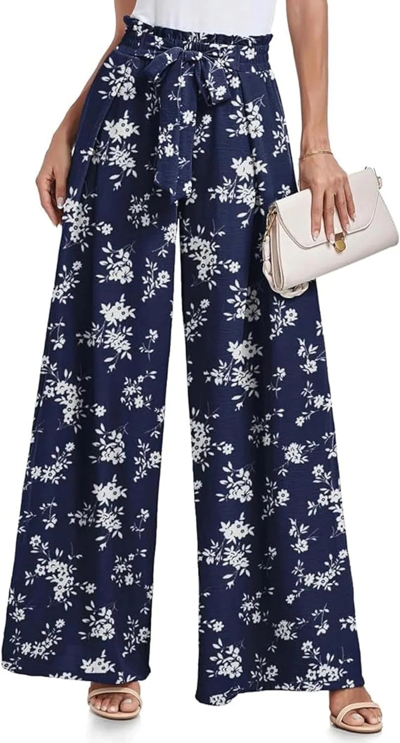 utcoco Printed Pants for Women Work Casual Loose Trousers High Waist Adjustable Knot Wide Leg Pants with Pockets