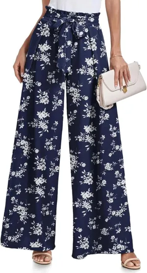 utcoco Printed Pants for Women Work Casual Loose Trousers High Waist Adjustable Knot Wide Leg Pants with Pockets