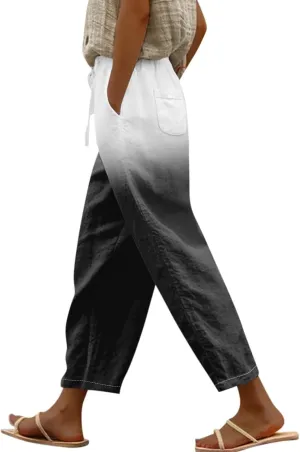 Vacation Linen Outfits for Women Elastic Long Pants Beach Leisure Trousers Linen Capri Pants 2025 Pants with Pockets