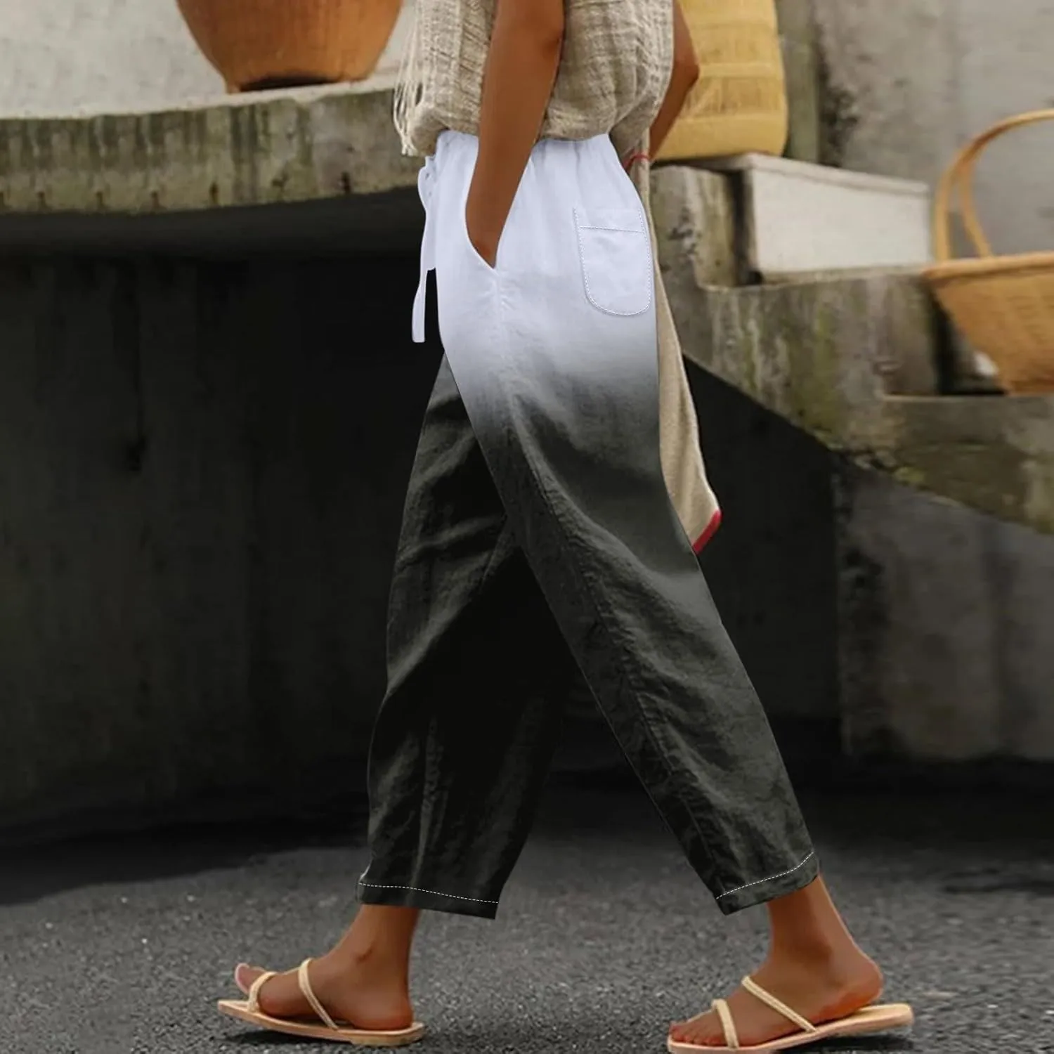 Vacation Linen Outfits for Women Elastic Long Pants Beach Leisure Trousers Linen Capri Pants 2025 Pants with Pockets