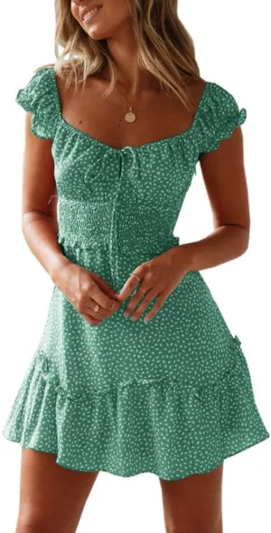 Valphsio Womens Smocked Dress Ruffle Floral Tie Front Boho Short Dresses