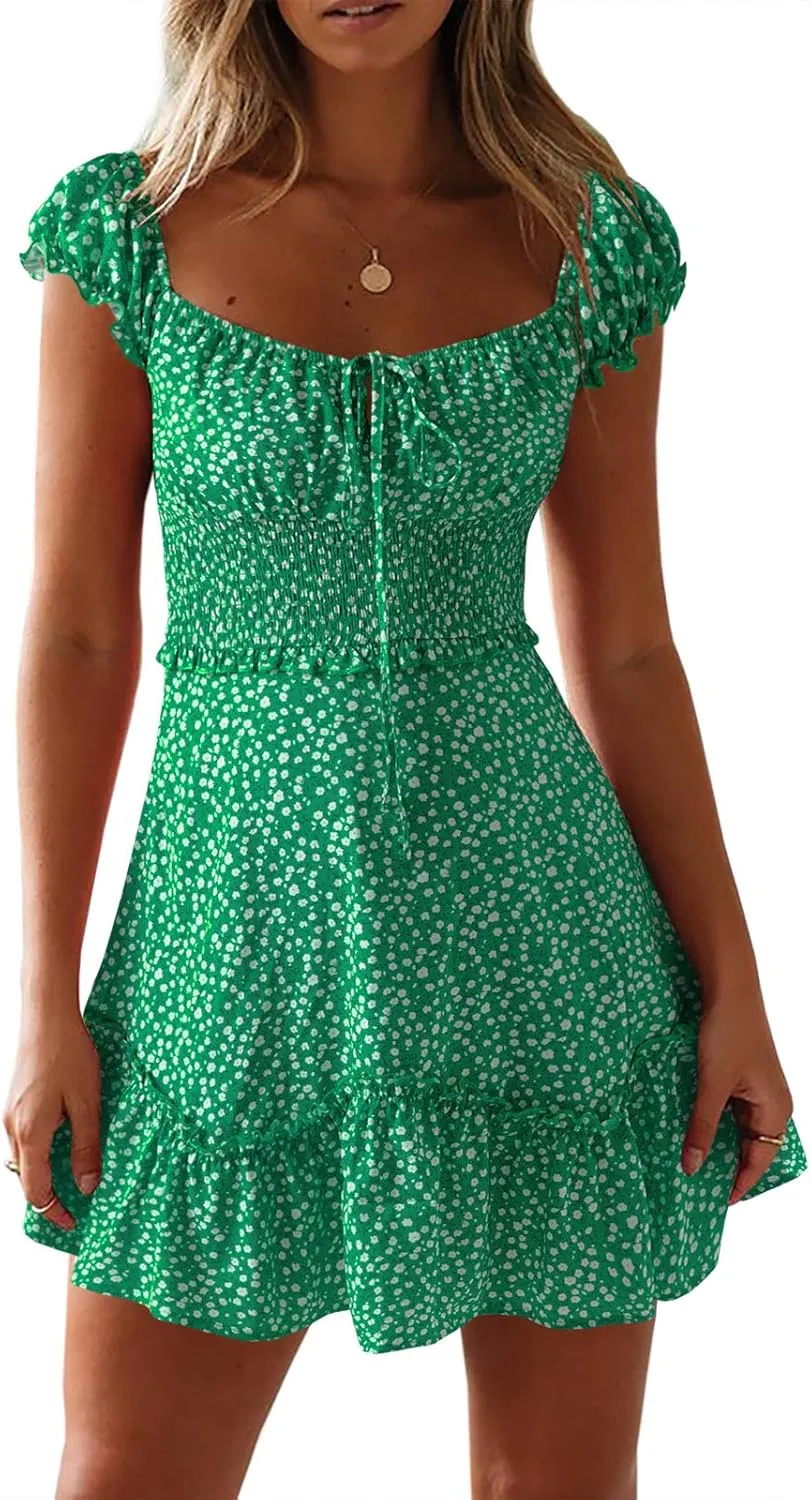 Valphsio Womens Smocked Dress Ruffle Floral Tie Front Boho Short Dresses