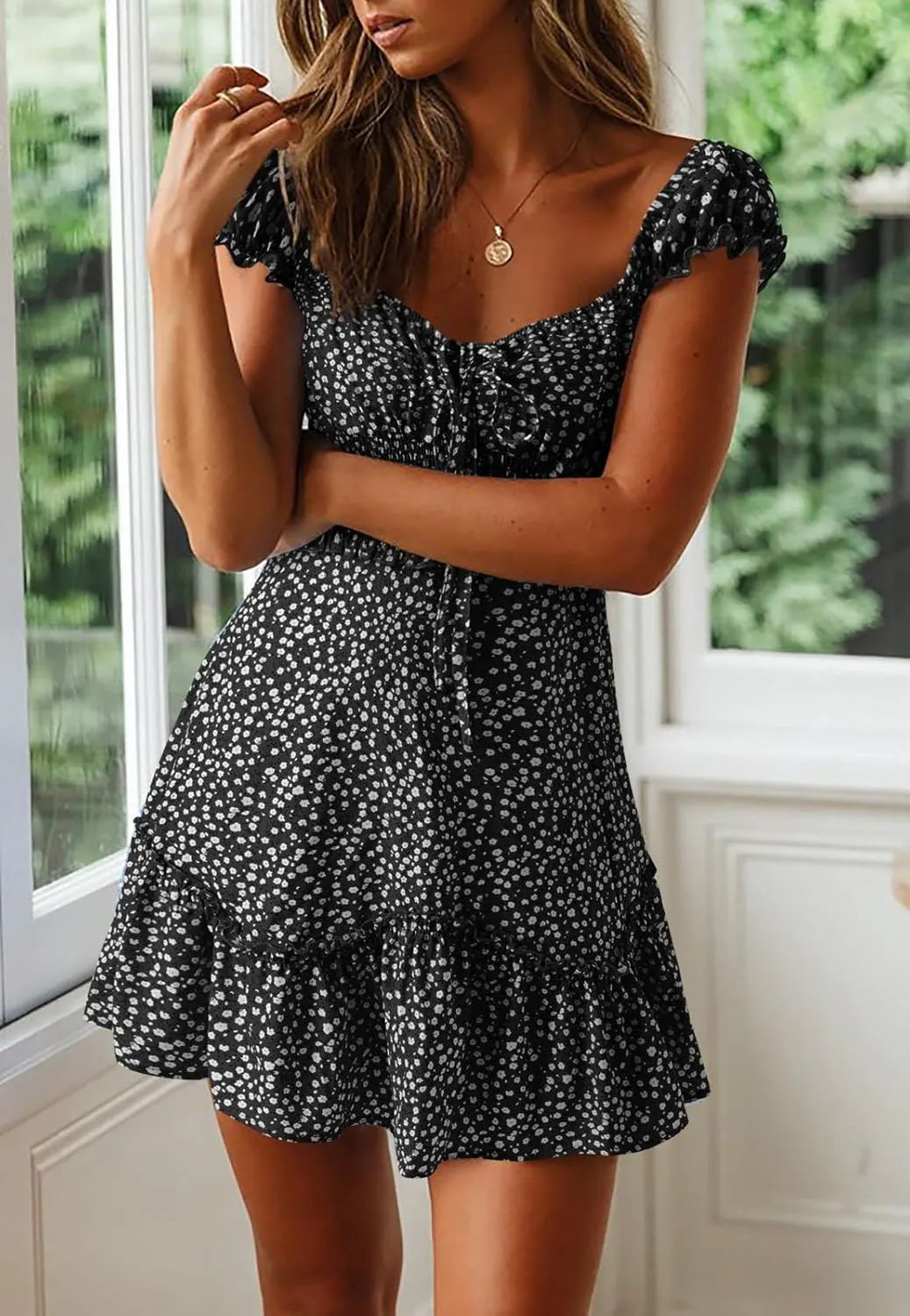 Valphsio Womens Smocked Dress Ruffle Floral Tie Front Boho Short Dresses