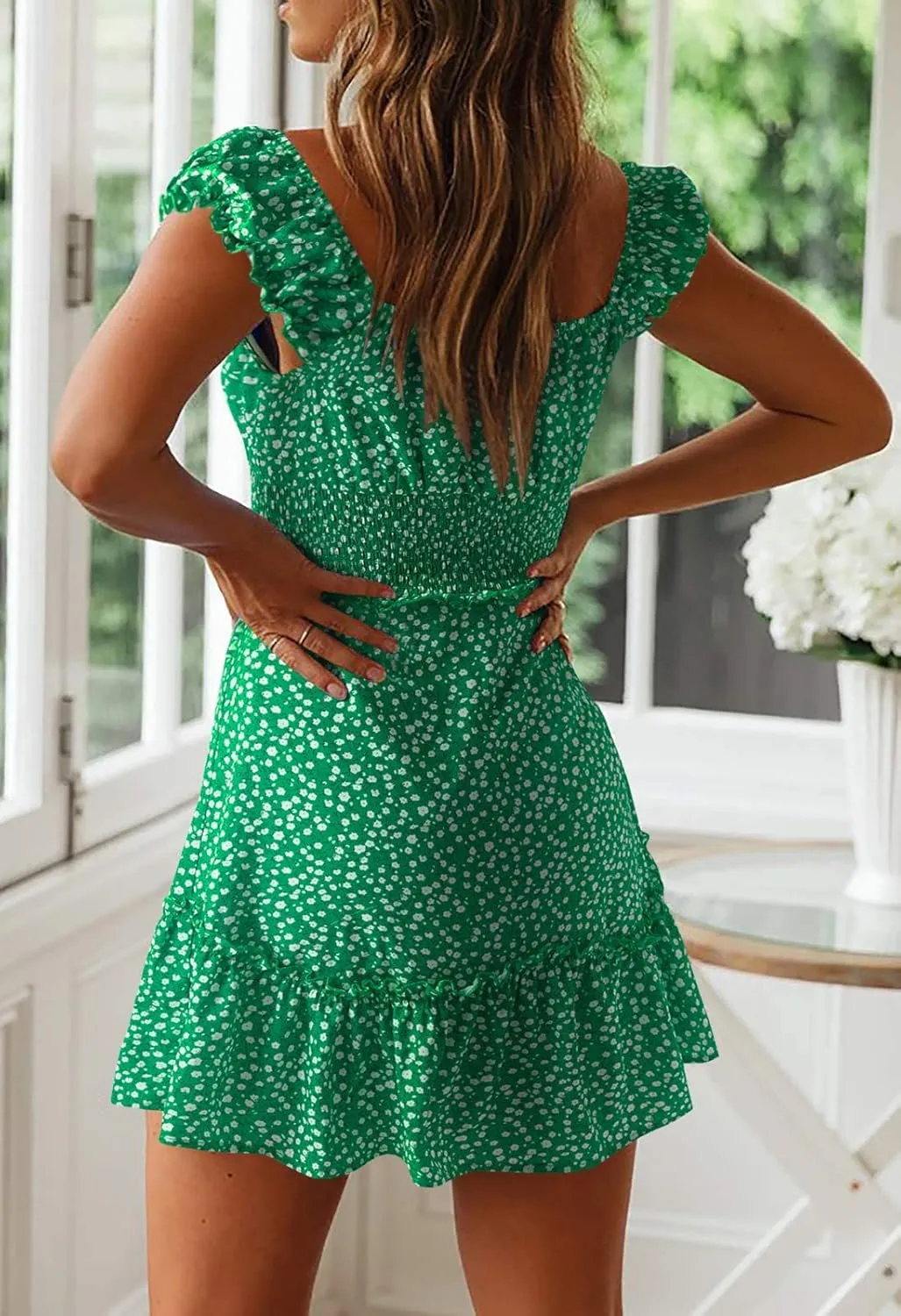 Valphsio Womens Smocked Dress Ruffle Floral Tie Front Boho Short Dresses