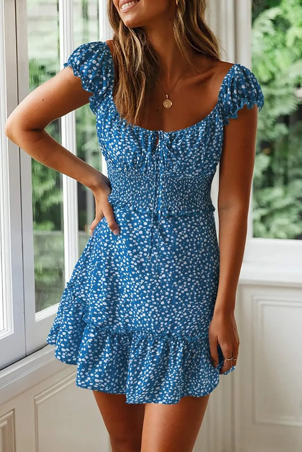 Valphsio Womens Smocked Dress Ruffle Floral Tie Front Boho Short Dresses