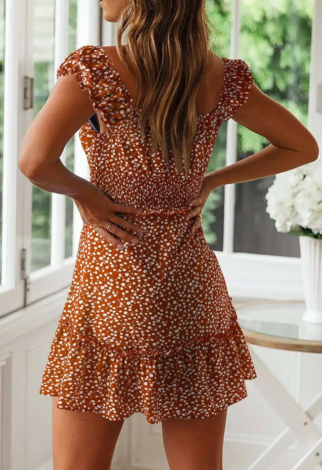 Valphsio Womens Smocked Dress Ruffle Floral Tie Front Boho Short Dresses