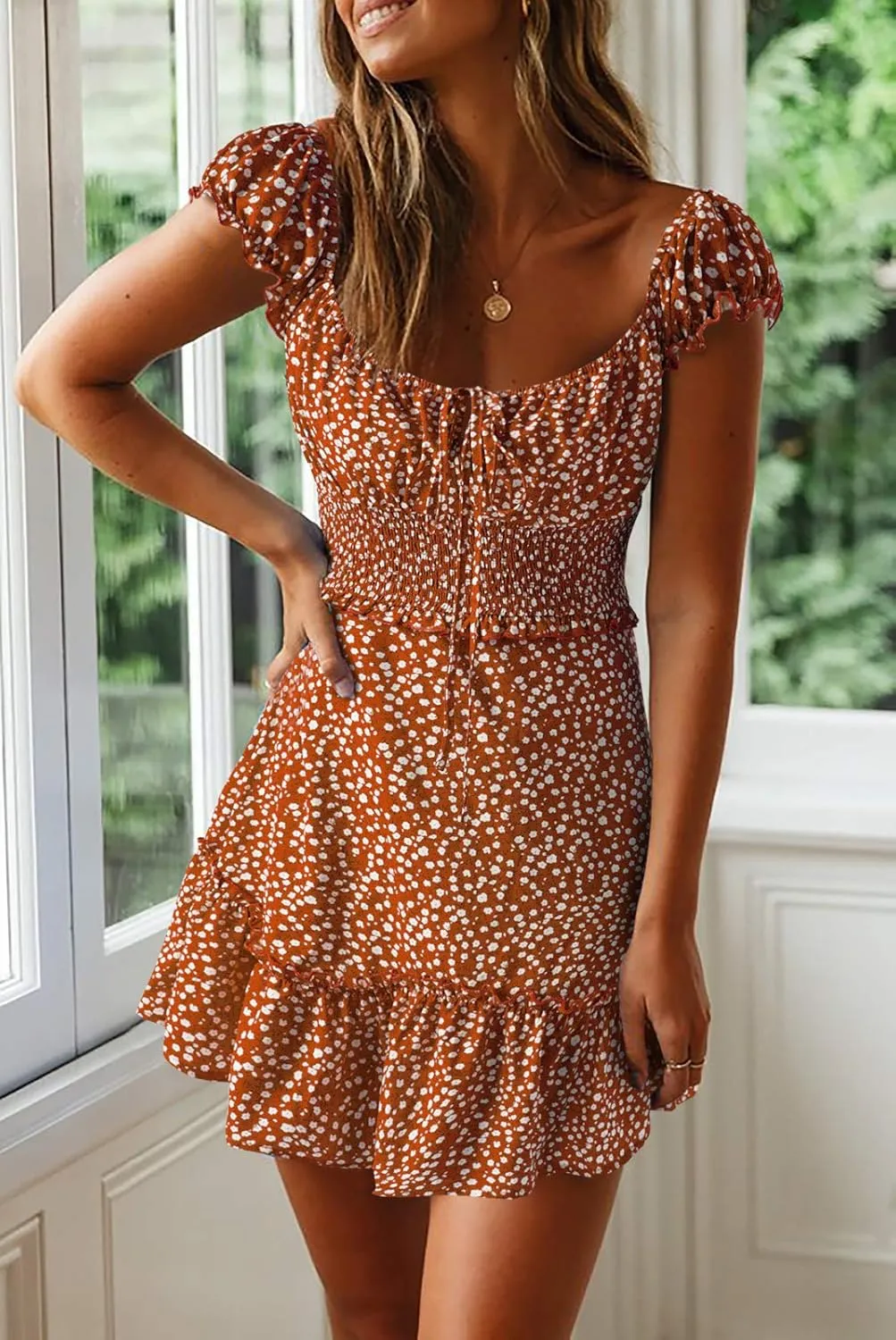 Valphsio Womens Smocked Dress Ruffle Floral Tie Front Boho Short Dresses