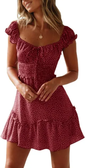 Valphsio Womens Smocked Dress Ruffle Floral Tie Front Boho Short Dresses
