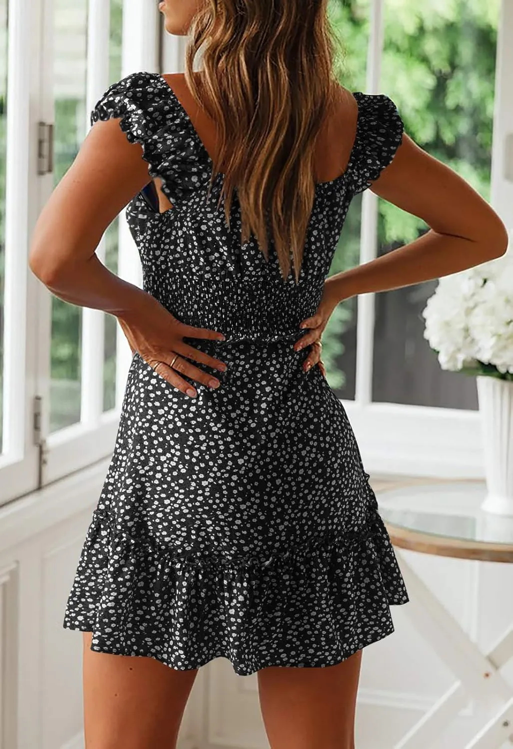 Valphsio Womens Smocked Dress Ruffle Floral Tie Front Boho Short Dresses