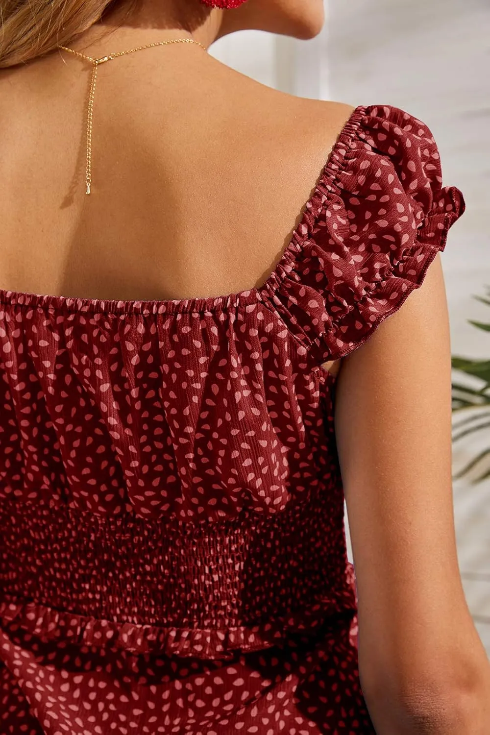Valphsio Womens Smocked Dress Ruffle Floral Tie Front Boho Short Dresses