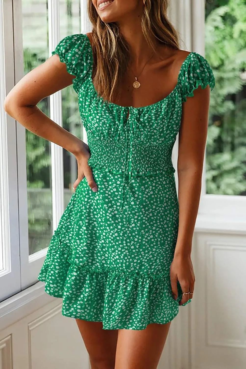 Valphsio Womens Smocked Dress Ruffle Floral Tie Front Boho Short Dresses