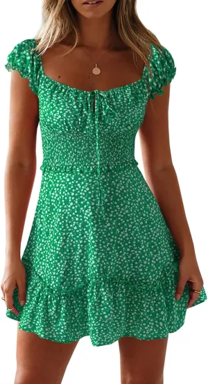 Valphsio Womens Smocked Dress Ruffle Floral Tie Front Boho Short Dresses