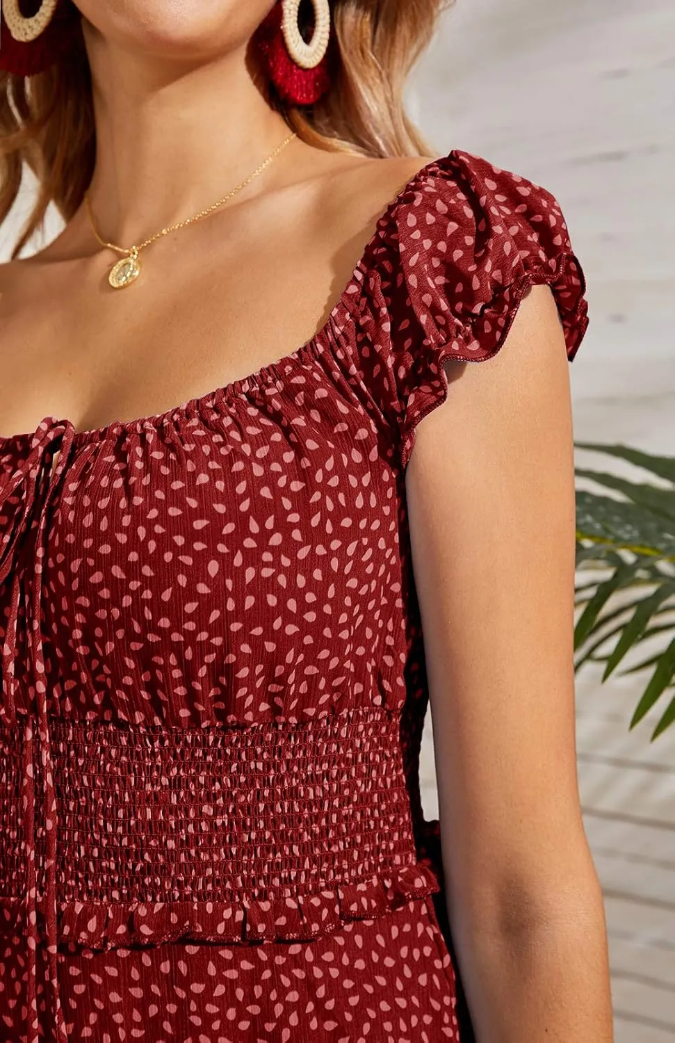 Valphsio Womens Smocked Dress Ruffle Floral Tie Front Boho Short Dresses