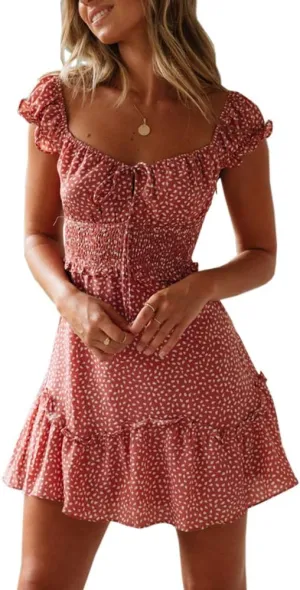 Valphsio Womens Smocked Dress Ruffle Floral Tie Front Boho Short Dresses