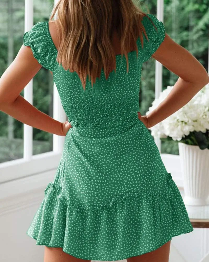 Valphsio Womens Smocked Dress Ruffle Floral Tie Front Boho Short Dresses