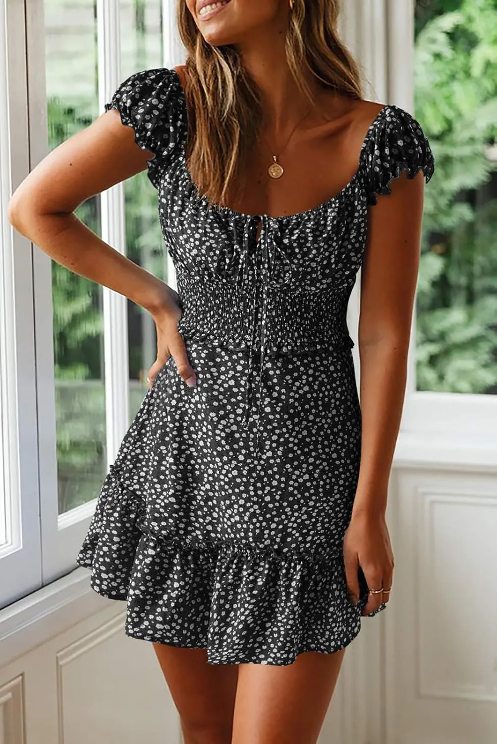 Valphsio Womens Smocked Dress Ruffle Floral Tie Front Boho Short Dresses