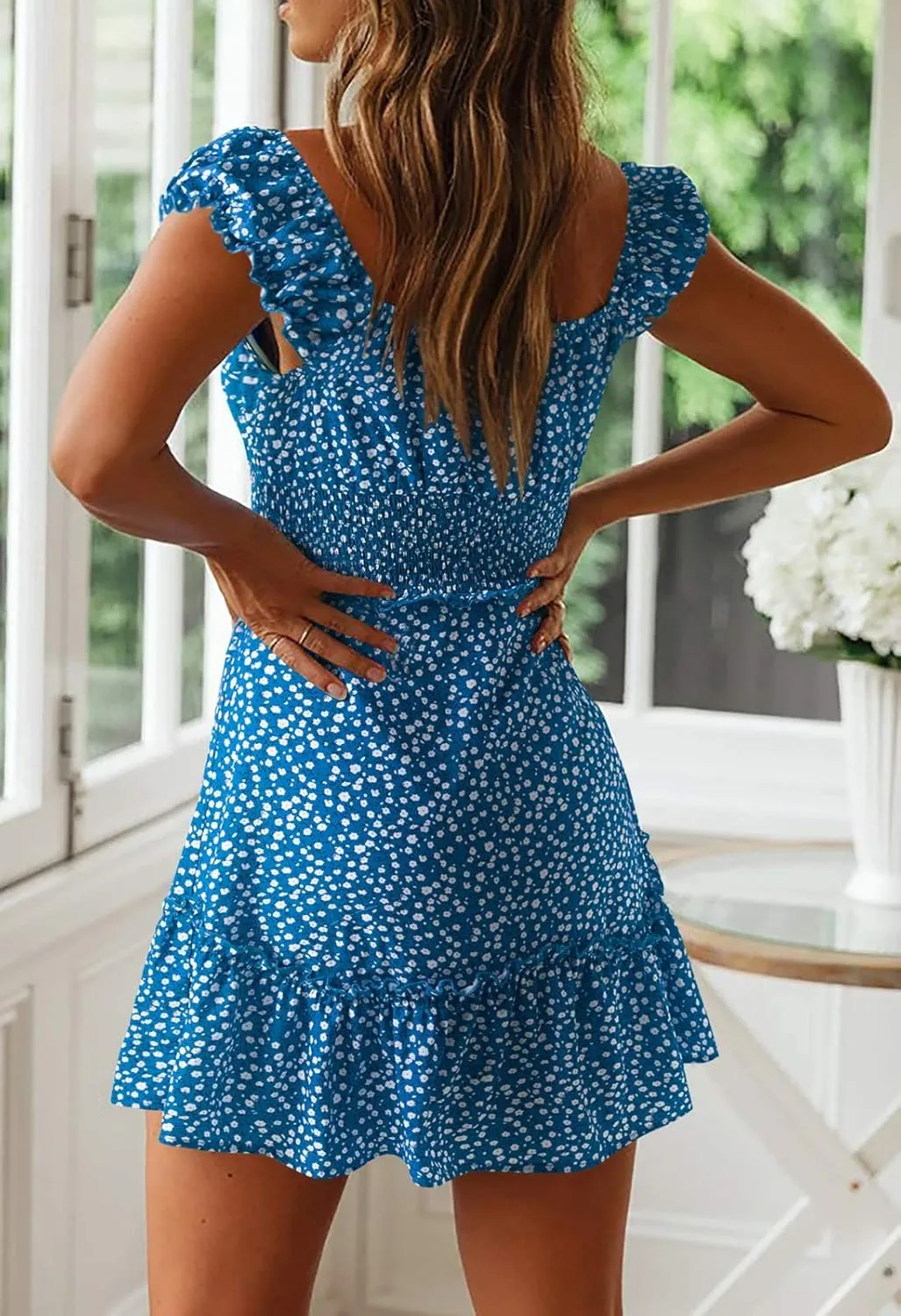 Valphsio Womens Smocked Dress Ruffle Floral Tie Front Boho Short Dresses