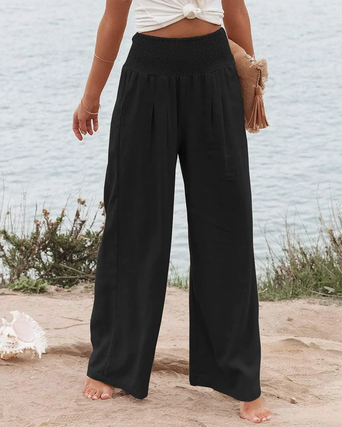 Vansha Women Summer High Waisted Cotton Linen Palazzo Pants Wide Leg Long Lounge Pant Trousers with Pocket