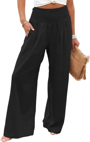 Vansha Women Summer High Waisted Cotton Linen Palazzo Pants Wide Leg Long Lounge Pant Trousers with Pocket